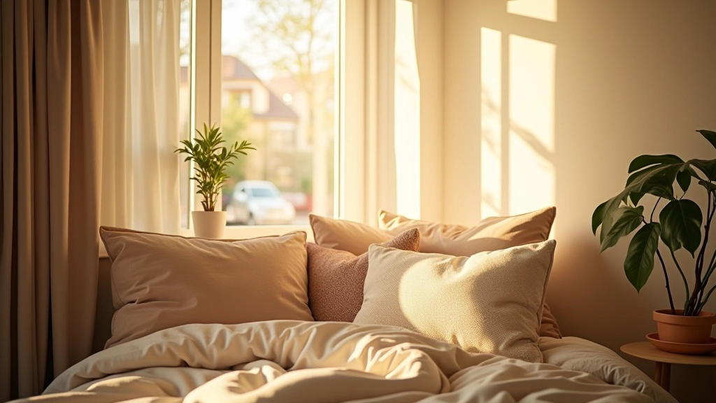 Warm, inviting home interior workspace with natural light, textiles, and personal styling elements