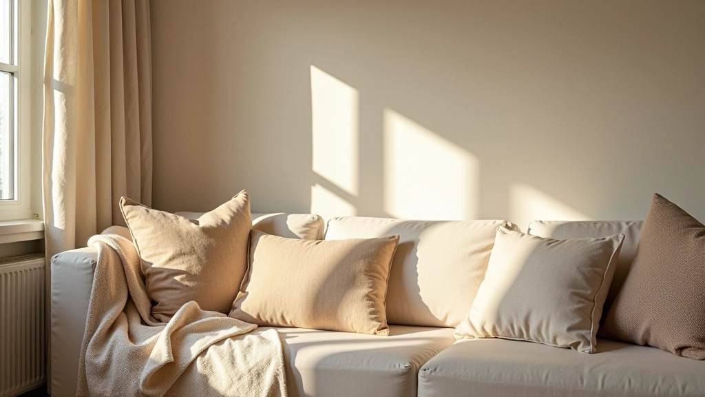 Comfortable home interior showcasing layered textiles and cushions creating a warm, inviting atmosphere