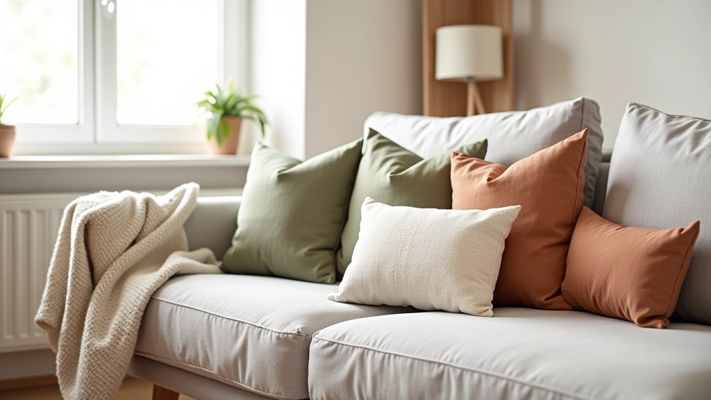 Living room with layered cushions and warm textiles