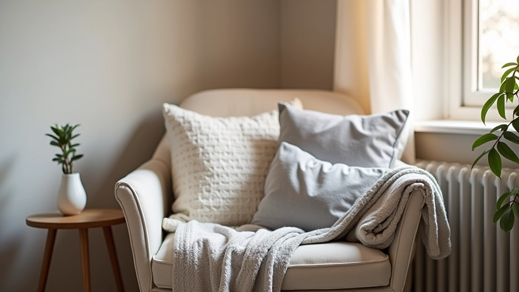 Home office corner with comfortable seating and soft furnishings
