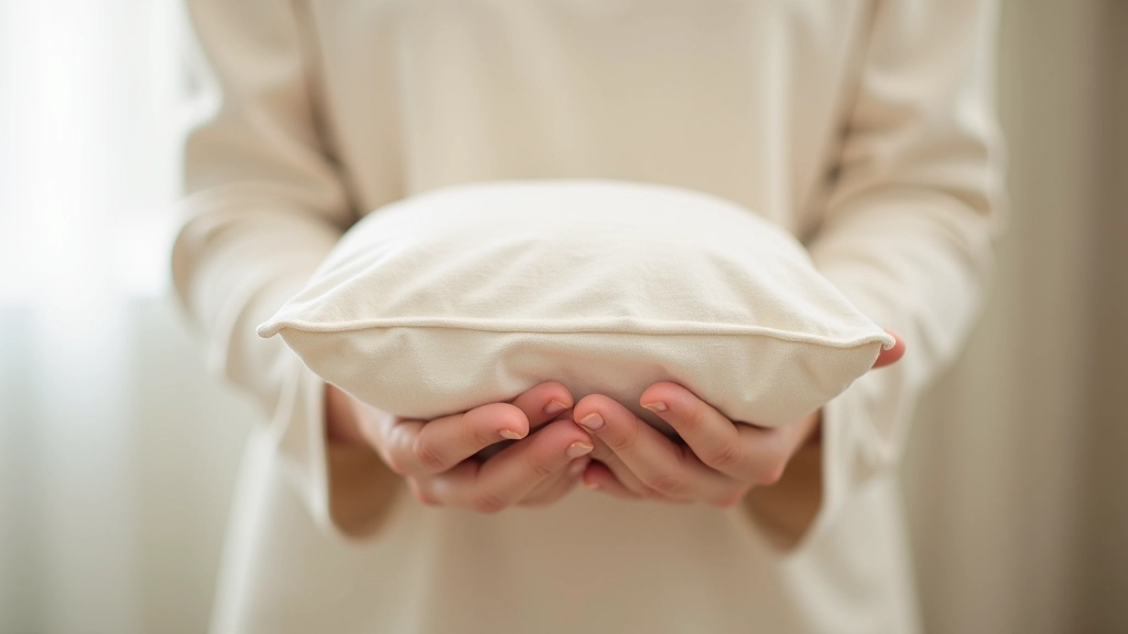 Hands carefully holding and folding a natural linen cushion showing proper care techniques for textile maintenance