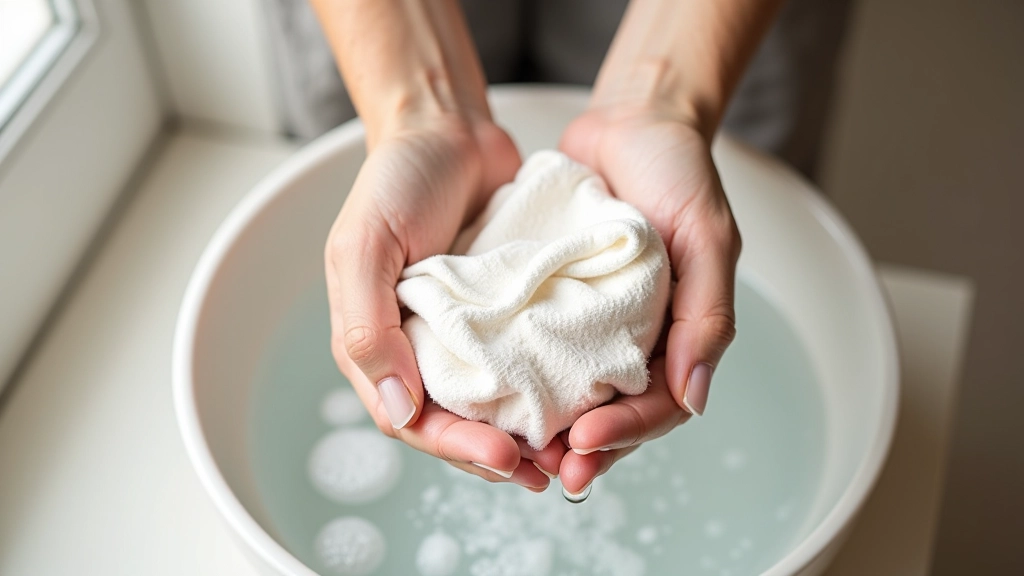 Hands gently washing delicate linen fabric in cool water, demonstrating proper handwashing technique