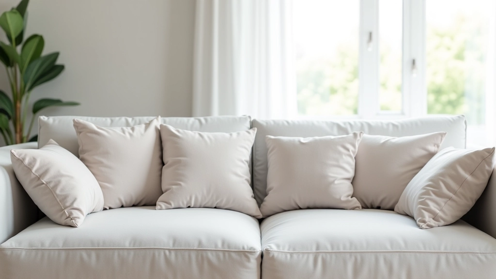 Living room corner showing multiple cushion sizes and shapes arranged on a sofa demonstrating scale and proportion of different cushion dimensions
