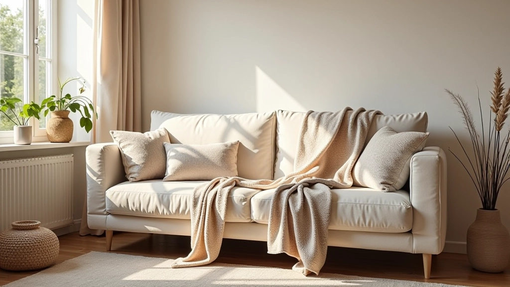 Living room with layered textiles - throw blankets, patterned cushions, and area rug creating warm atmosphere