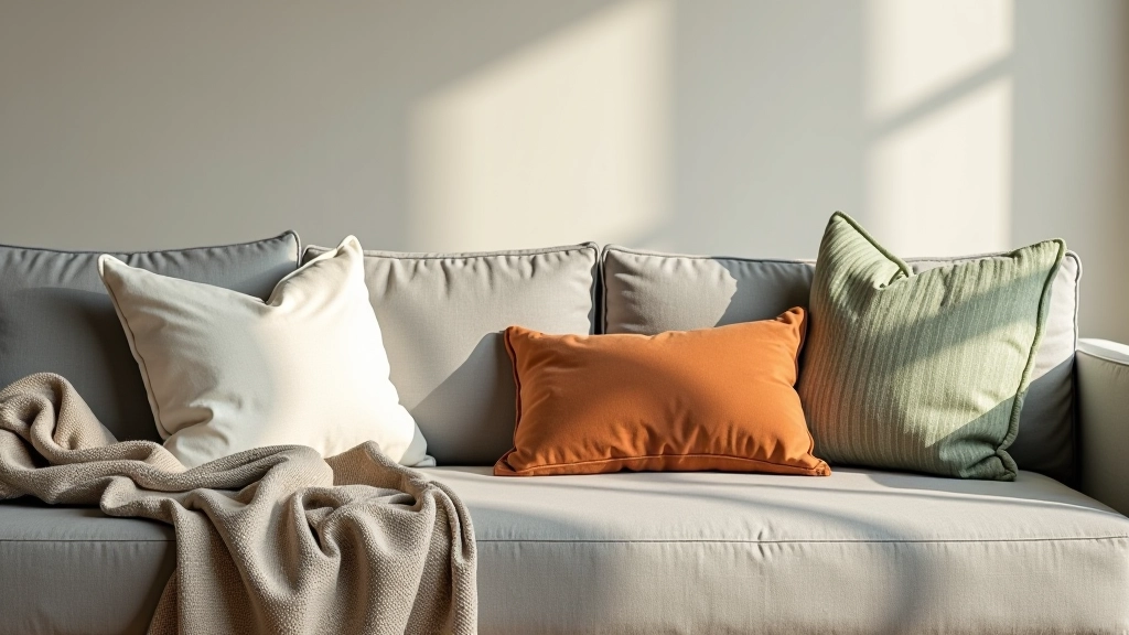 Living room with coordinated color palette showing gray sofa with layered pillows in gray, white, rust, and sage green tones