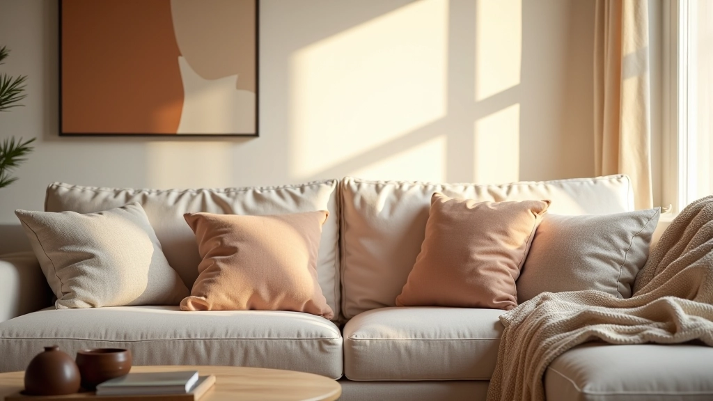 Beautifully styled living room with layered textiles and warm ambient lighting