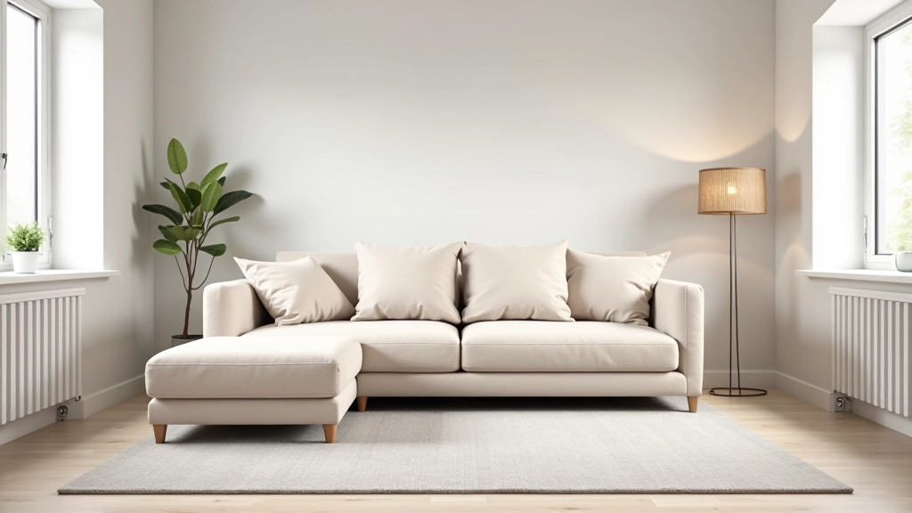 Neutral beige sofa with light gray area rug in modern living room with natural light from large windows