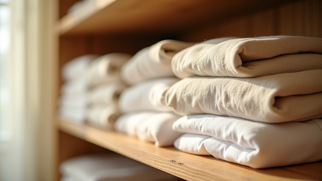 Close-up of folded natural fiber textiles in neutral colors stacked neatly on wooden shelf