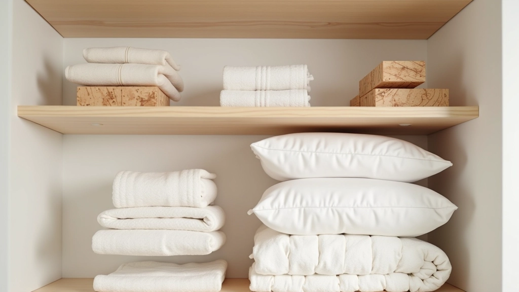 Organized linen closet with neatly folded natural fiber textiles stored on wooden shelves, cedar blocks visible for moth prevention