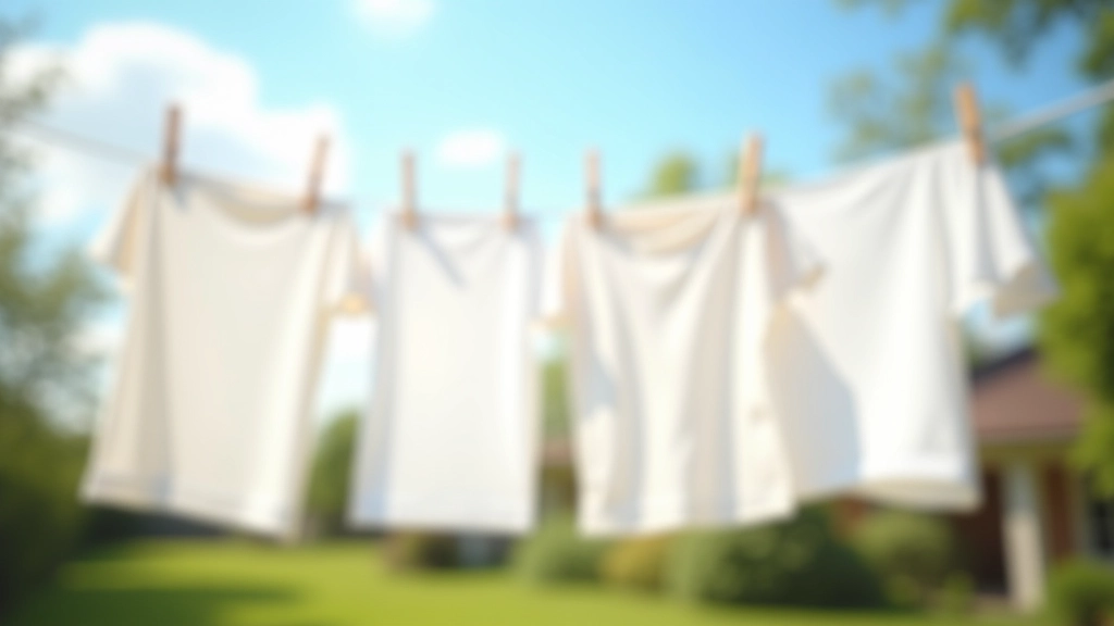 Linen tablecloth and cotton towels hanging on outdoor clothesline in morning sunlight, showing proper air-drying method