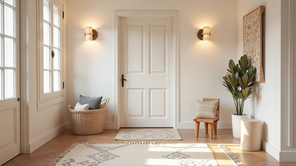 Entryway with decorative textiles and layered rugs